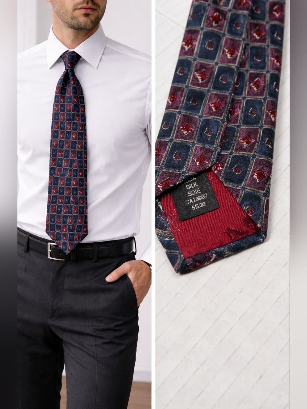 Aquascutum London Silk Tie Blue Burgundy Geometric Vintage Luxury
